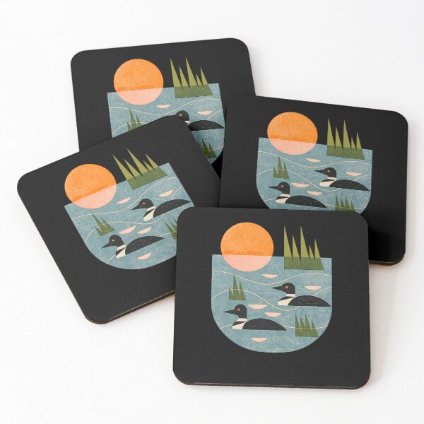 Item preview, Loons on Sunset Lake – Retro Geometric Waterfowl Nature Print designed and sold by StickerHavenn.