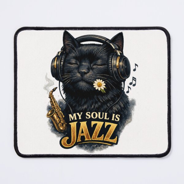 Item preview, My Soul Is Jazz – Black Cat with Headphones Design designed and sold by MarekoraStudio.