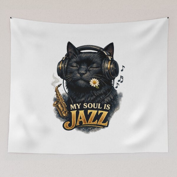 Item preview, My Soul Is Jazz – Black Cat with Headphones Design designed and sold by MarekoraStudio.