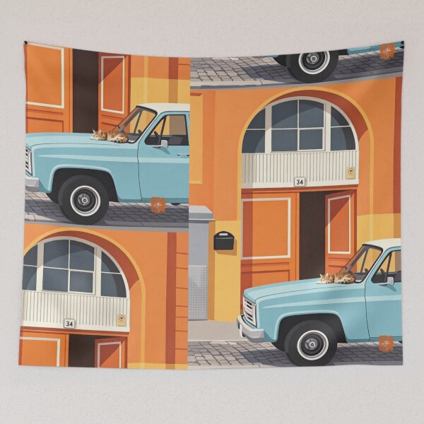 Item preview, Sleeping Cat on Vintage Car Street Scene designed and sold by goldcov.