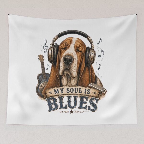Item preview, My Soul Is Blues – Basset Hound with Headphones Design designed and sold by MarekoraStudio.