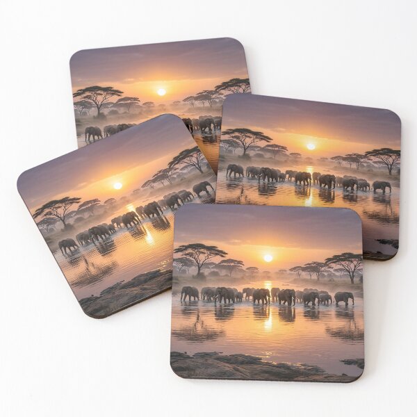 Item preview, Majestic African Elephants Sunset River Crossing designed and sold by SavannaCanvas.