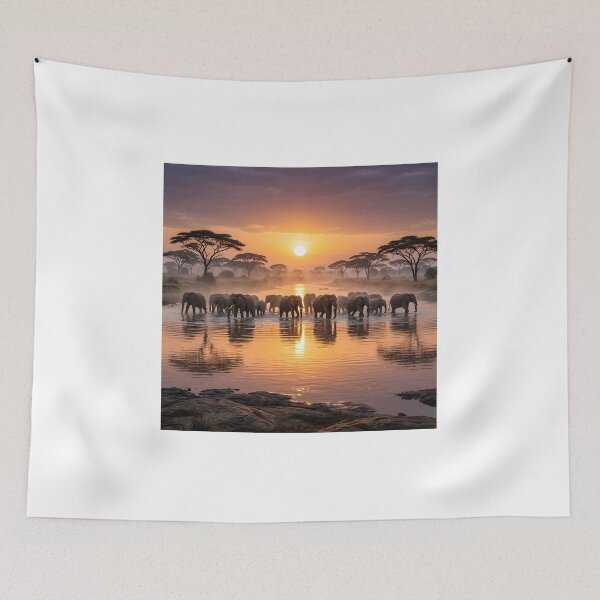 Item preview, Majestic African Elephants Sunset River Crossing designed and sold by SavannaCanvas.