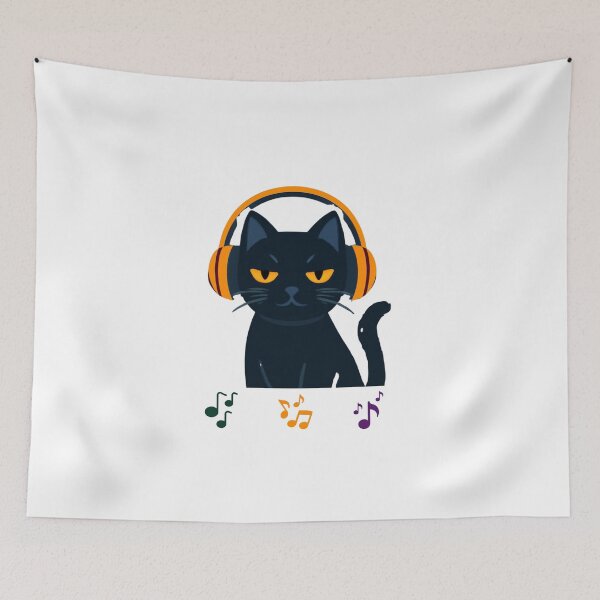 Item preview, Cool Black Cat DJ with Orange Headphones designed and sold by EHdesignShop.