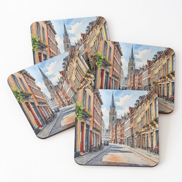 Item preview, Sunlit Brussels Street View Belgium Watercolor Painting designed and sold by UmSkelig834.