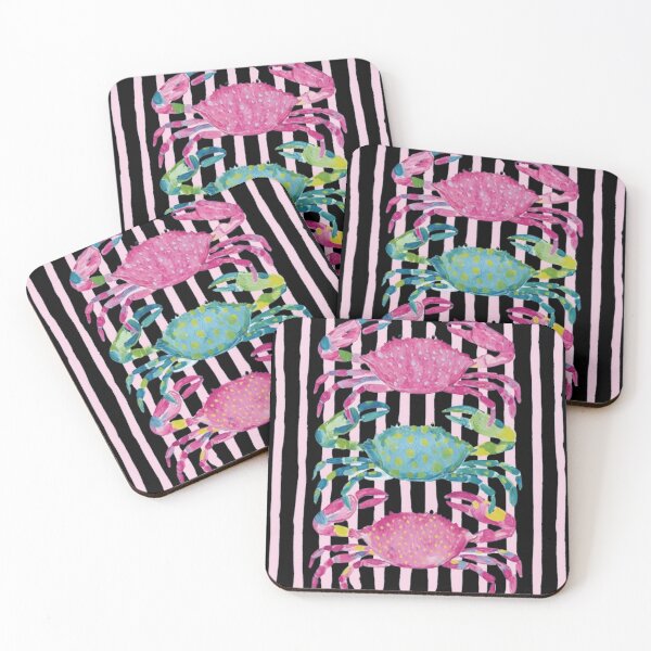 Item preview, Coastal Preppy Watercolor Crabs Pink Stripes Beach Art designed and sold by haitrieuic96.