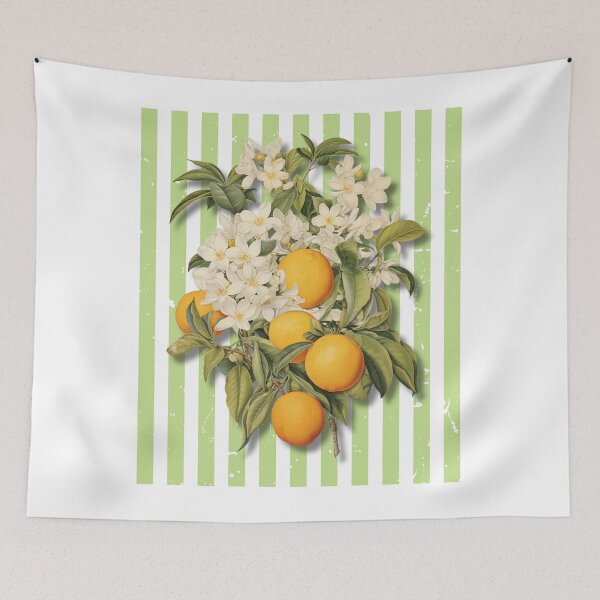 Item preview, Vintage Orange Blossom Botanical Collage on Green Stripes designed and sold by NightSpell.
