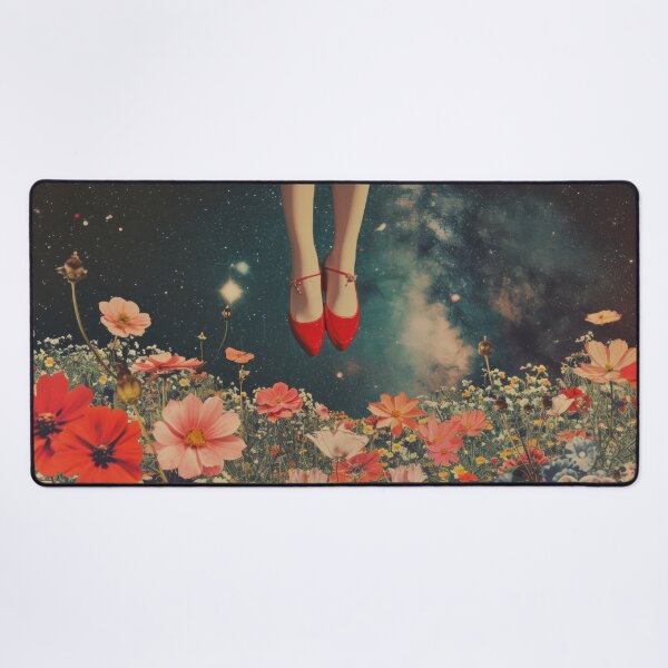 Item preview, Abstract collage of a woman's legs with red shoes on heels. Vintage night sky in the background with fashionable flowers. designed and sold by Soft Oddity.