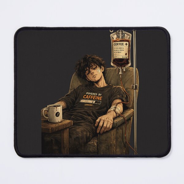 Item preview, Powered By Caffeine - Tired Aesthetic Coffee Lover Anime Boy designed and sold by DesignZeoxsyArt.