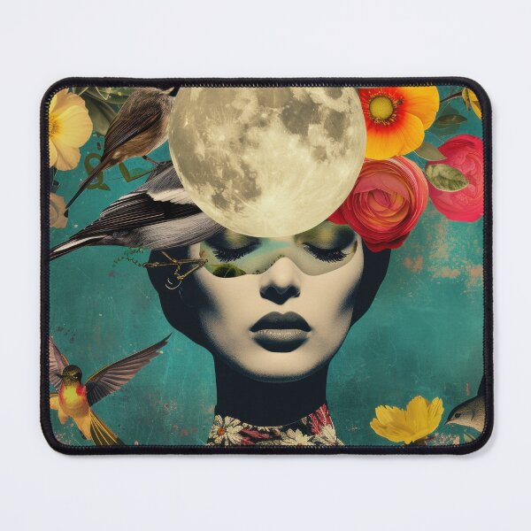 Item preview, Illustration of a woman portrait with fashion flowers, birds, flora and fauna, moon on the head. Vivid colors. A vintage night in the background. designed and sold by Soft Oddity.