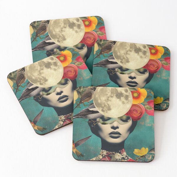 Item preview, Illustration of a woman portrait with fashion flowers, birds, flora and fauna, moon on the head. Vivid colors. A vintage night in the background. designed and sold by Soft Oddity.