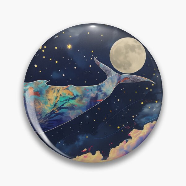 Item preview, Abstract collage of a big whale flying over the night sky covered with stars, moon, and clouds.  Vivid colors. Vintage background.	 designed and sold by Soft Oddity.