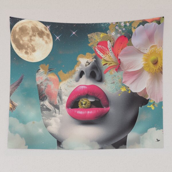 Item preview, Illustration of a woman portrait, fashion flowers, birds, flora and fauna, and moon.Vivid colors. A vintage night in the background.	 designed and sold by Soft Oddity.
