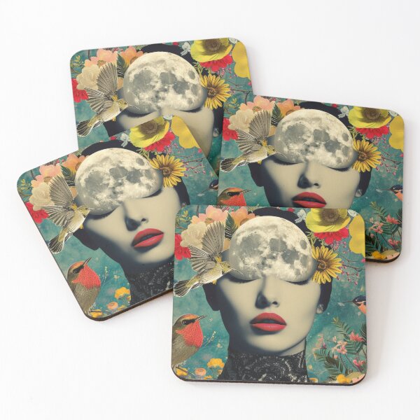 Item preview, Illustration of a woman portrait with fashion flowers, birds, flora and fauna, moon on the head. Vivid colors. A vintage night in the background. designed and sold by Soft Oddity.