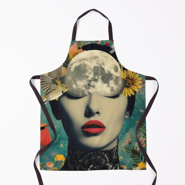 Item preview, Illustration of a woman portrait with fashion flowers, birds, flora and fauna, moon on the head. Vivid colors. A vintage night in the background. designed and sold by Soft Oddity.