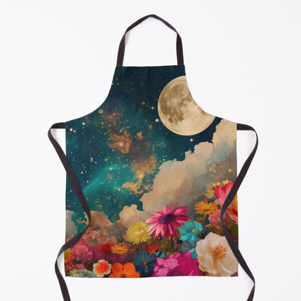 Item preview, Abstract collage of a big explosion of colorful flowers over the night sky covered with stars, moon, and clouds. designed and sold by Soft Oddity.