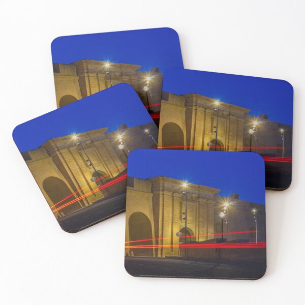 Item preview, Historic Stone Gate At Night With Red Light Trails Blue Hour Long Exposure Architecture designed and sold by Nmallia.