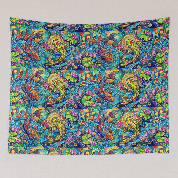Item preview, Feng Shui colorful koi fish mosaic and stained glass art illustration designed and sold by NaphiArtPrints.