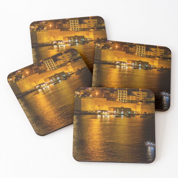 Item preview, Night Harbor With Small Boat and Historic Waterfront Fortress Illuminated by City Lights and Golden Reflections designed and sold by Nmallia.