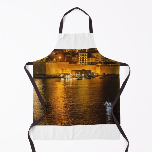 Item preview, Night Harbor With Small Boat and Historic Waterfront Fortress Illuminated by City Lights and Golden Reflections designed and sold by Nmallia.