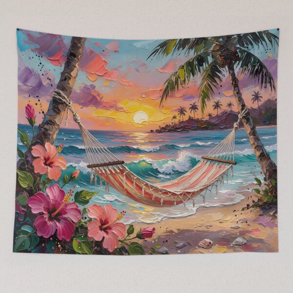 Item preview, Tropical Sunset Hammock Beach Paradise | Vibrant Coastal Wall Art designed and sold by DreamyWallVibes.