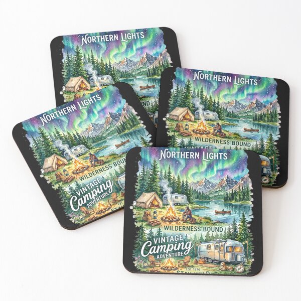 Item preview, Vintage Camping Adventure Watercolor Panels Retro Camper Tent Northern Lights designed and sold by PACS0011.