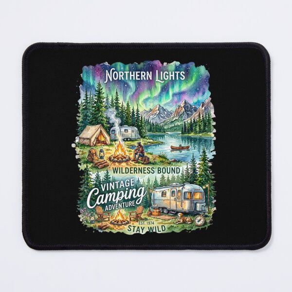 Item preview, Vintage Camping Adventure Watercolor Panels Retro Camper Tent Northern Lights designed and sold by PACS0011.