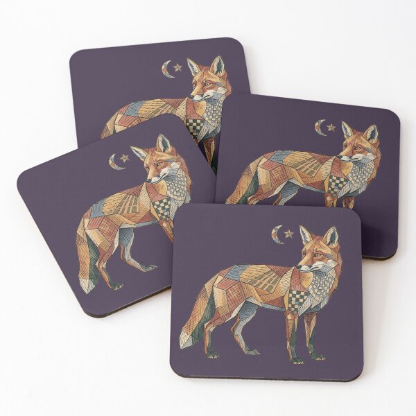 Item preview, Patchwork Fox Under Moonlight – Folk Art Quilted Wildlife Illustration designed and sold by FreiherrPK.