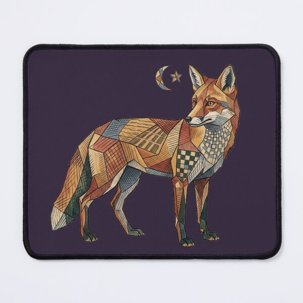 Item preview, Patchwork Fox Under Moonlight – Folk Art Quilted Wildlife Illustration designed and sold by FreiherrPK.