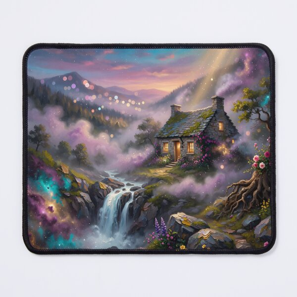 Item preview, Magical Waterfall Cottage Fantasy Landscape | Cosmic Nature Dream Wall Art designed and sold by DreamyWallVibes.
