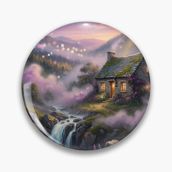 Item preview, Magical Waterfall Cottage Fantasy Landscape | Cosmic Nature Dream Wall Art designed and sold by DreamyWallVibes.