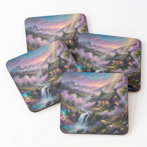 Item preview, Magical Waterfall Cottage Fantasy Landscape | Cosmic Nature Dream Wall Art designed and sold by DreamyWallVibes.