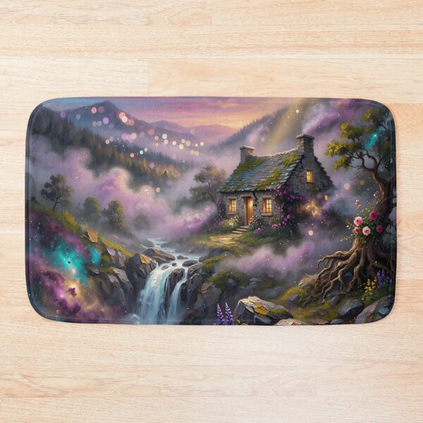 Item preview, Magical Waterfall Cottage Fantasy Landscape | Cosmic Nature Dream Wall Art designed and sold by DreamyWallVibes.