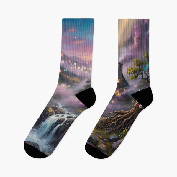 Item preview, Magical Waterfall Cottage Fantasy Landscape | Cosmic Nature Dream Wall Art designed and sold by DreamyWallVibes.
