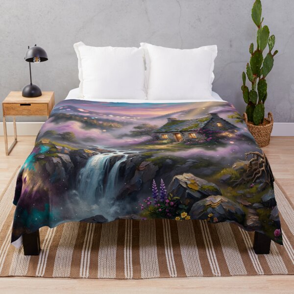 Item preview, Magical Waterfall Cottage Fantasy Landscape | Cosmic Nature Dream Wall Art designed and sold by DreamyWallVibes.