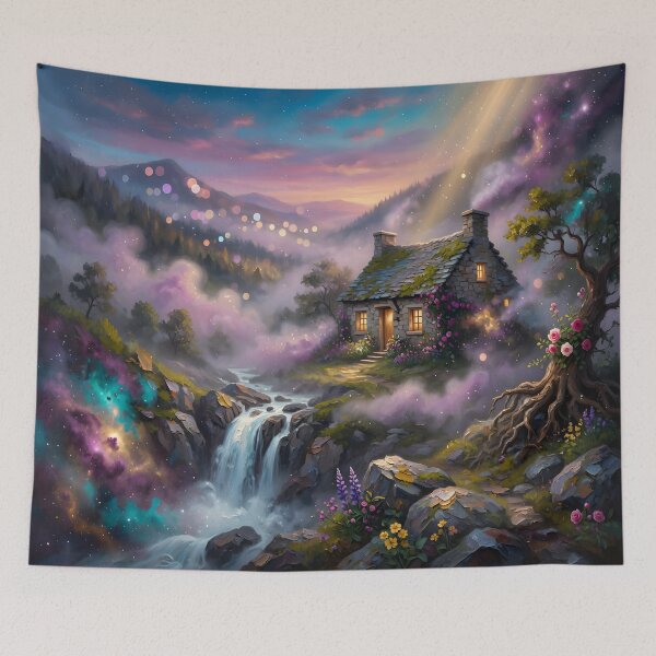 Item preview, Magical Waterfall Cottage Fantasy Landscape | Cosmic Nature Dream Wall Art designed and sold by DreamyWallVibes.