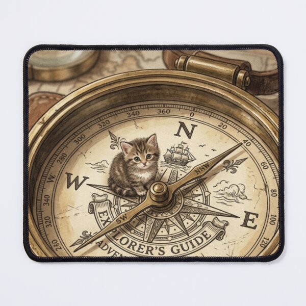 Item preview, Tiny Kitten on a Giant Vintage Brass Compass Miniature Illustration designed and sold by DuckOddity.