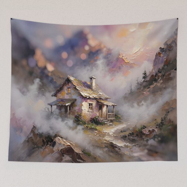 Item preview, Enchanted Misty Mountain Cottage Fantasy Landscape | Cozy Dream Home Wall Art designed and sold by DreamyWallVibes.