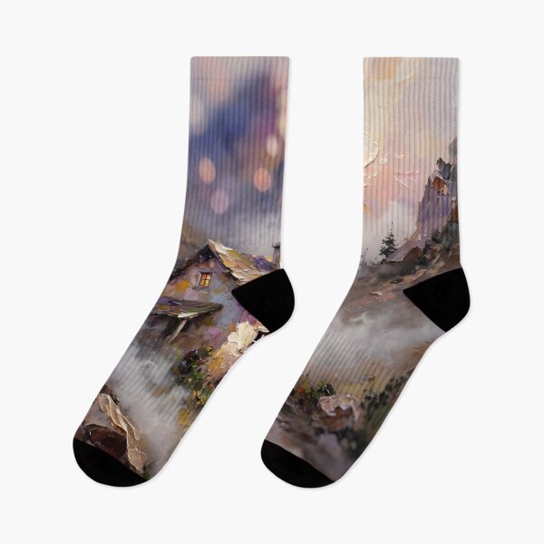 Item preview, Enchanted Misty Mountain Cottage Fantasy Landscape | Cozy Dream Home Wall Art designed and sold by DreamyWallVibes.