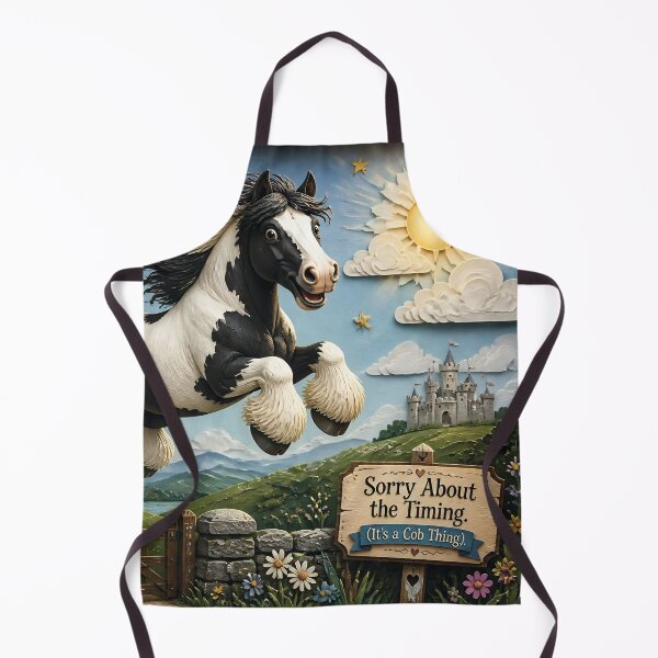 Item preview, Wally Canters Like a Sheep — Playful Piebald Cob Jumping Over Countryside Gate Near Cottage designed and sold by LisaMise.