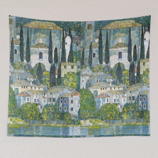 Item preview, Italian Lakeside Church With Cypress Trees designed and sold by artofuniverse.