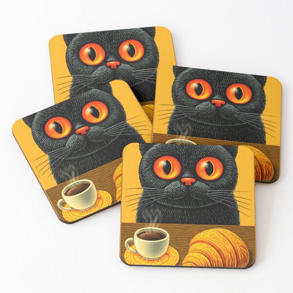 Item preview, Charming Black Cat with Coffee and Croissant Art designed and sold by Artessie.