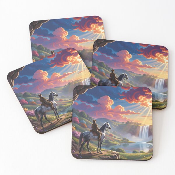 Item preview, Cowboy On Horse Overlooking Waterfall Valley At Sunrise In Vibrant Colorful Fantasy Landscape designed and sold by LisaMise.