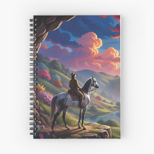 Item preview, Cowboy On Horse Overlooking Waterfall Valley At Sunrise In Vibrant Colorful Fantasy Landscape designed and sold by LisaMise.