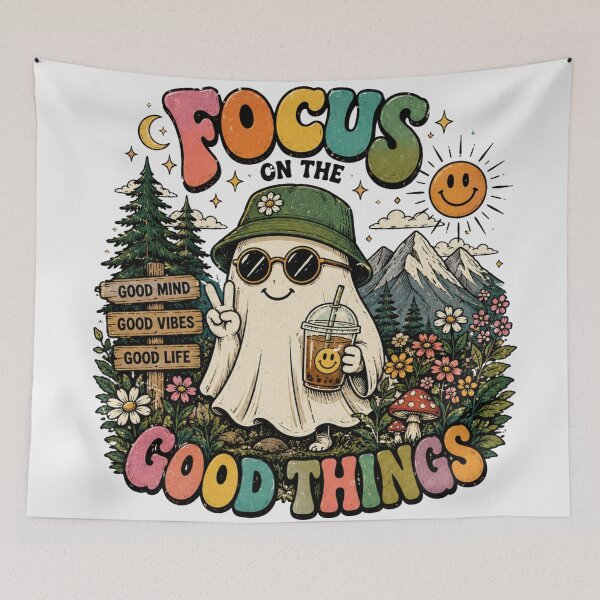 Item preview, Focus on the Good Things – Cute Retro Ghost Colorful Sticker & T-Shirt Design designed and sold by irfanedysud.