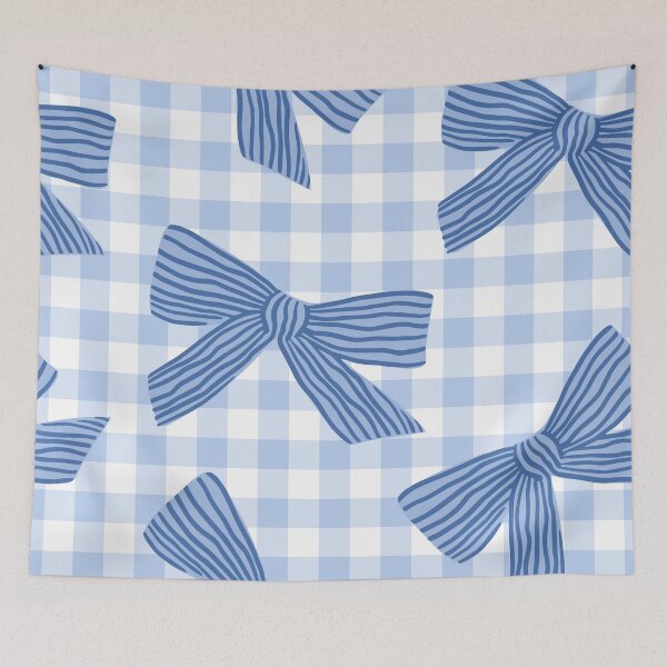 Item preview, Blue striped bows on gingham check pattern background designed and sold by Rue Market.