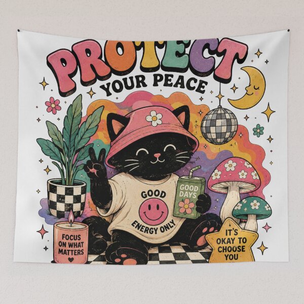 Item preview, Protect Your Peace Cute Black Cat Retro Kawaii Graphic T-Shirt designed and sold by irfanedysud.