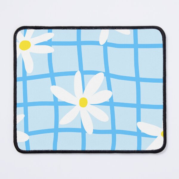 Item preview, White daisy floral pattern on blue grid background designed and sold by Rue Market.