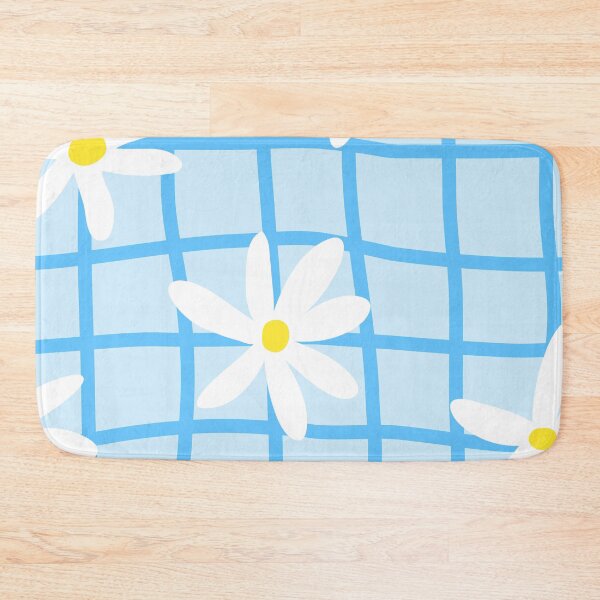 Item preview, White daisy floral pattern on blue grid background designed and sold by Rue Market.