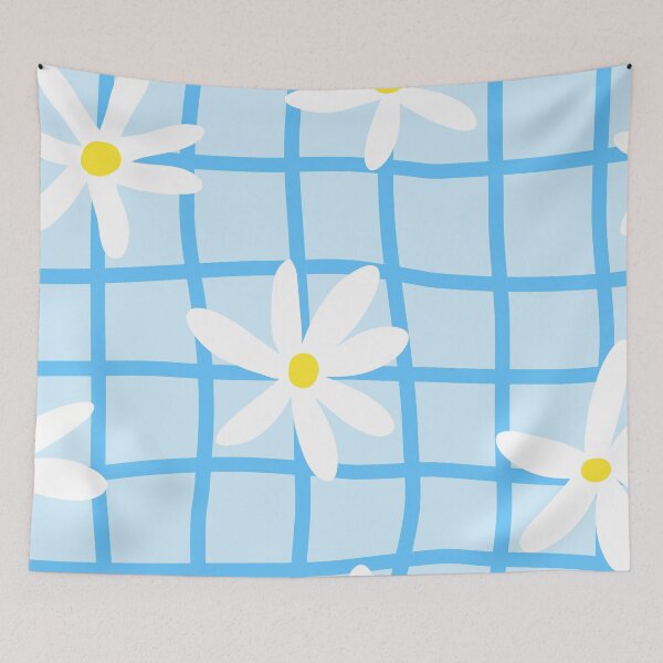 Item preview, White daisy floral pattern on blue grid background designed and sold by Rue Market.